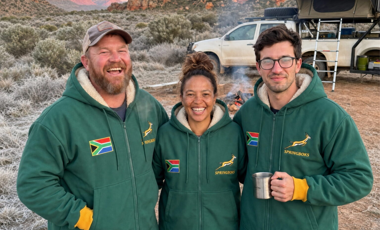 Three friends in Springboks Snoobys around a campfire